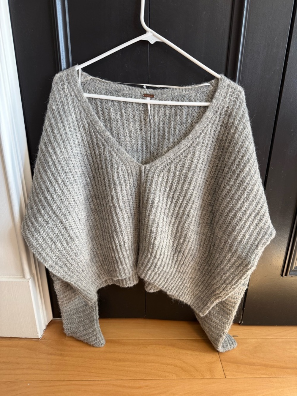 Free People Heather Gray Ribbed V-Neck Knit Poncho